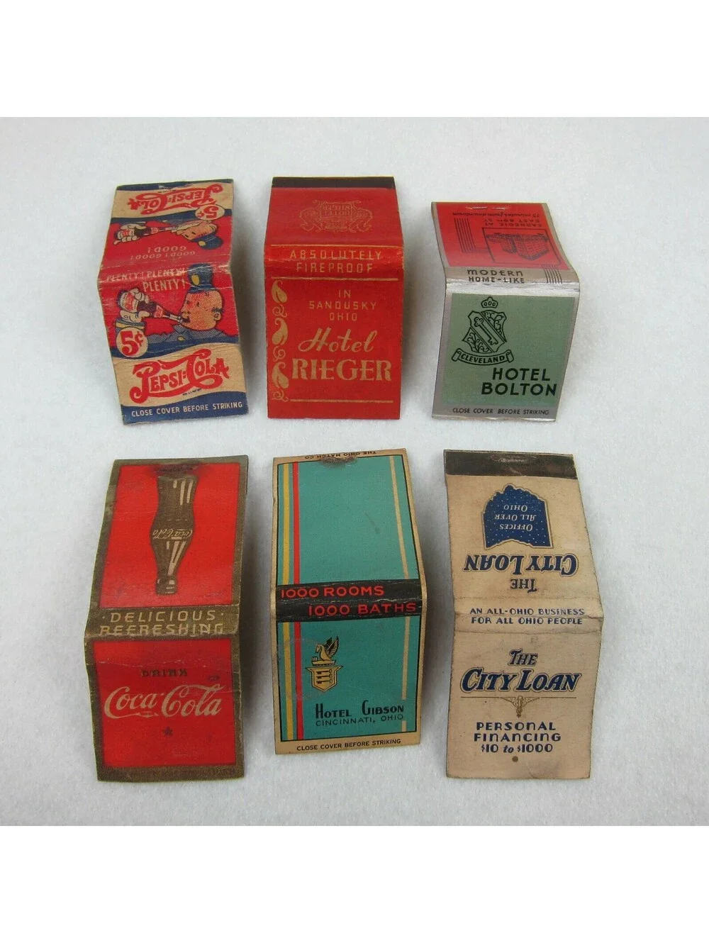 6 Vintage Matchbook Covers Pepsi Cola Double Dot Coca Cola Hotel Rieger Bolton